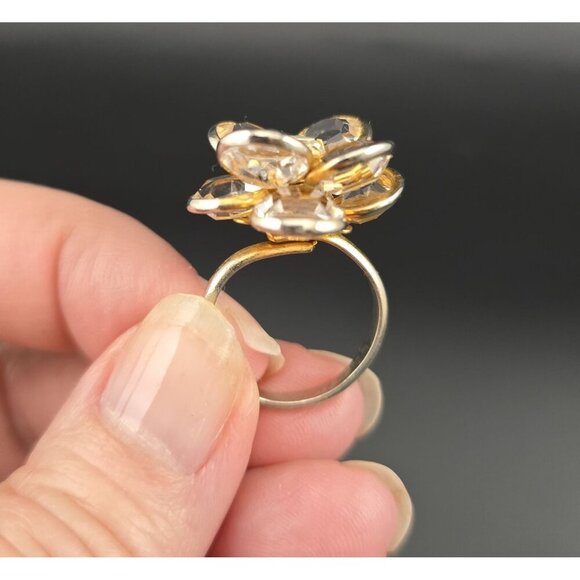Gold-Tone Adjustable Flower Ring With Crystal Petals & Centerpiece - Picture 8 of 8